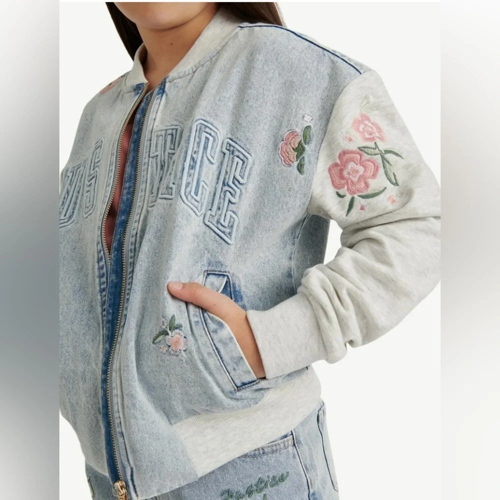 Justice Blue and Gray Bomber Jacket with Floral Design, Embroidery 0079